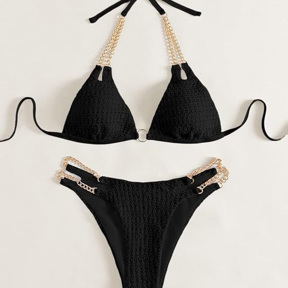 Micro triangle bikini set cut out black chain - Picture 2 of 5